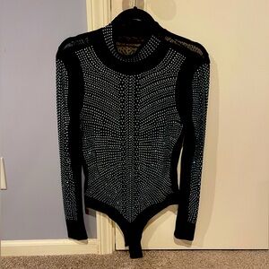 Black mesh rhinestone long sleeved body suit